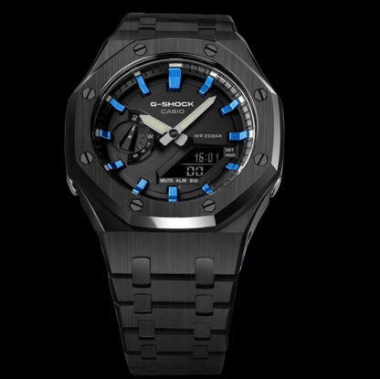 CasiOak Cadran Noir Bracelet Noir Baguettes Bleu