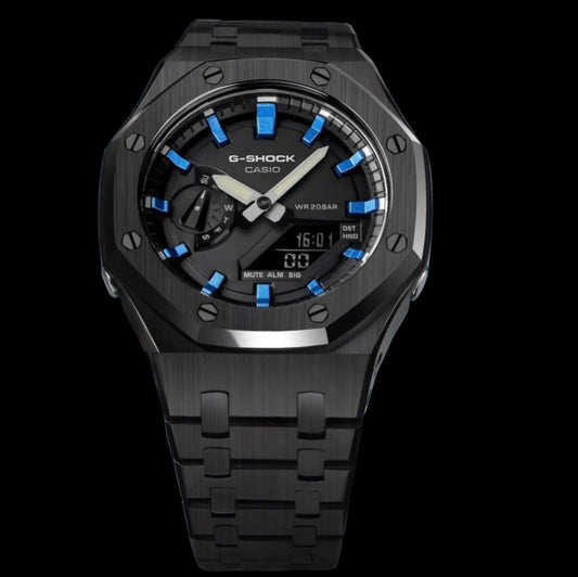 CasiOak Cadran Noir Bracelet Noir Baguettes Bleu