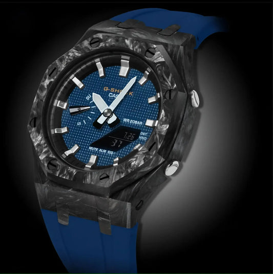 CasiOak Carbon Fiber Bracelet Strap Navy Cadran Navy Baguettes Argent