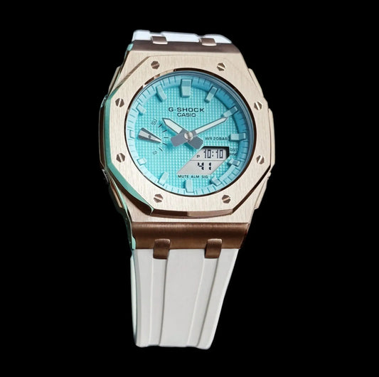 CasiOak Mini Or Rose Bracelet Strap Blanc Cadran Turquoise Infinity Oak