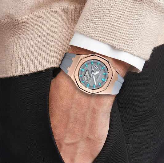 CasiOak Or Rose Bracelet Strap Gris Cadran Gris Baguettes Turquoise