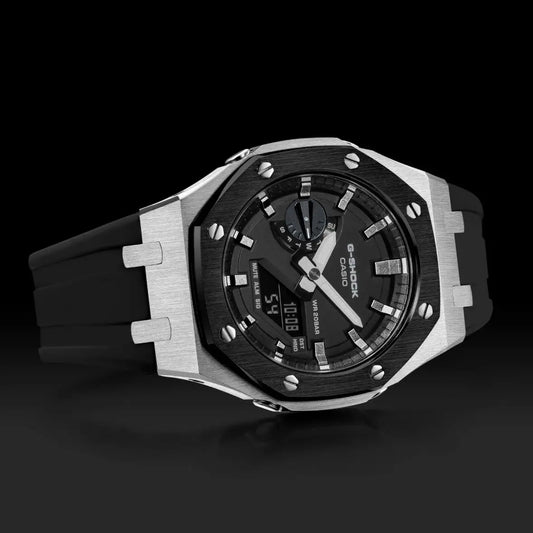 CasiOak Argent Bracelet Strap Noir Cadran Noir Baguettes Argent