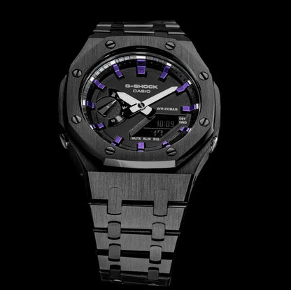 CasiOak Noir Bracelet Noir Cadran Noir Baguettes Violettes