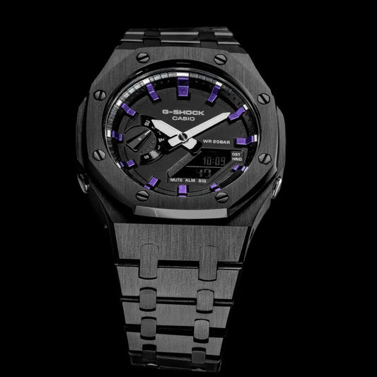 CasiOak Noir Bracelet Noir Cadran Noir Baguettes Violettes