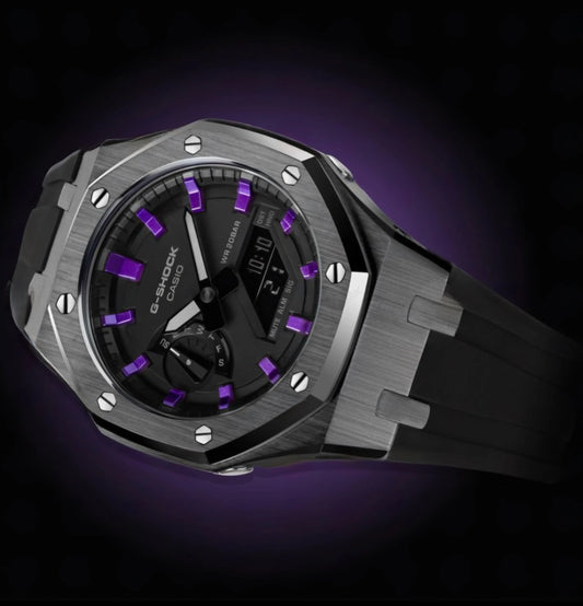 CasiOak Argent Bracelet Strap Noir Cadran Noir Baguettes Violettes