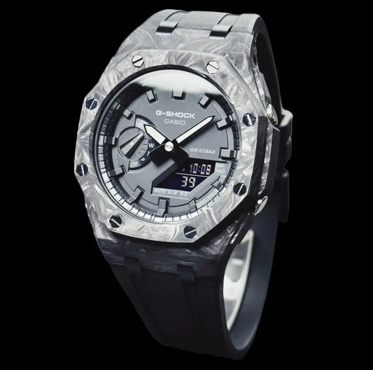 CasiOak Carbon Fiber Bracelet Strap Noir Cadran Gris Baguettes Grises