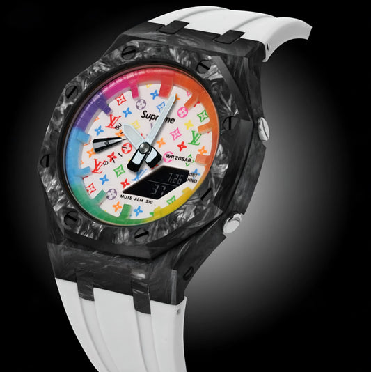 CasiOak Carbon Fiber Bracelet Strap Blanc Cadran Rainbow Blanc LV x Supreme Baguettes Rainbow