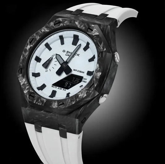 CasiOak Carbon Fiber Bracelet Strap Blanc Cadran Blanc Baguettes Noir Infinity Oak