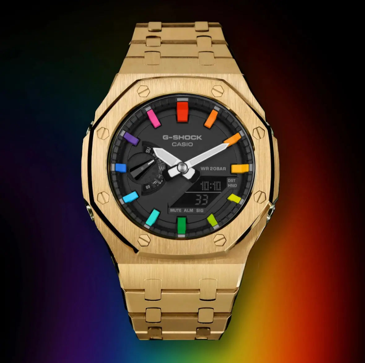 CasiOak Or Bracelet Or Cadran Noir Baguettes Rainbow