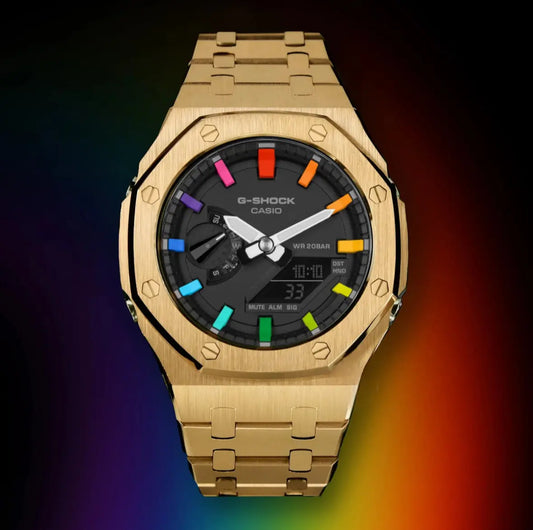 CasiOak Or Bracelet Or Cadran Noir Baguettes Rainbow